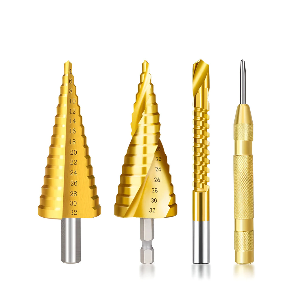 High speed steel cone step drill bit and centre punch set in six colour options for metalworking