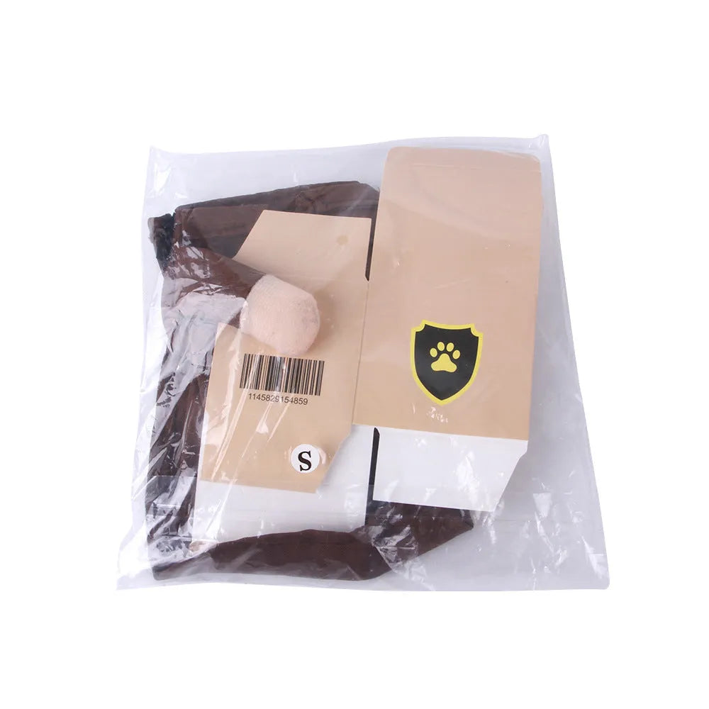 Coffee brown pet jacket with humorous courier delivery design for dogs and cats