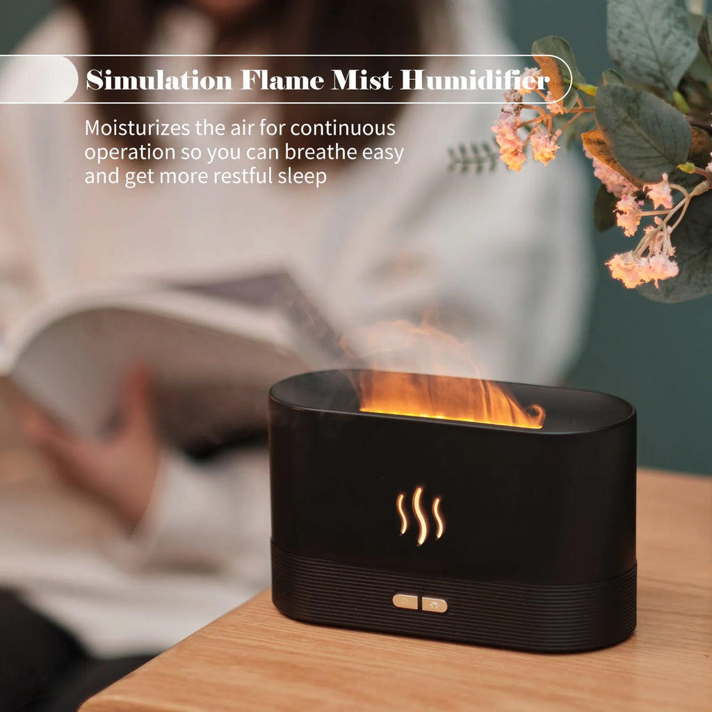 Square black or white aroma diffuser with flame LED light effect and water tank