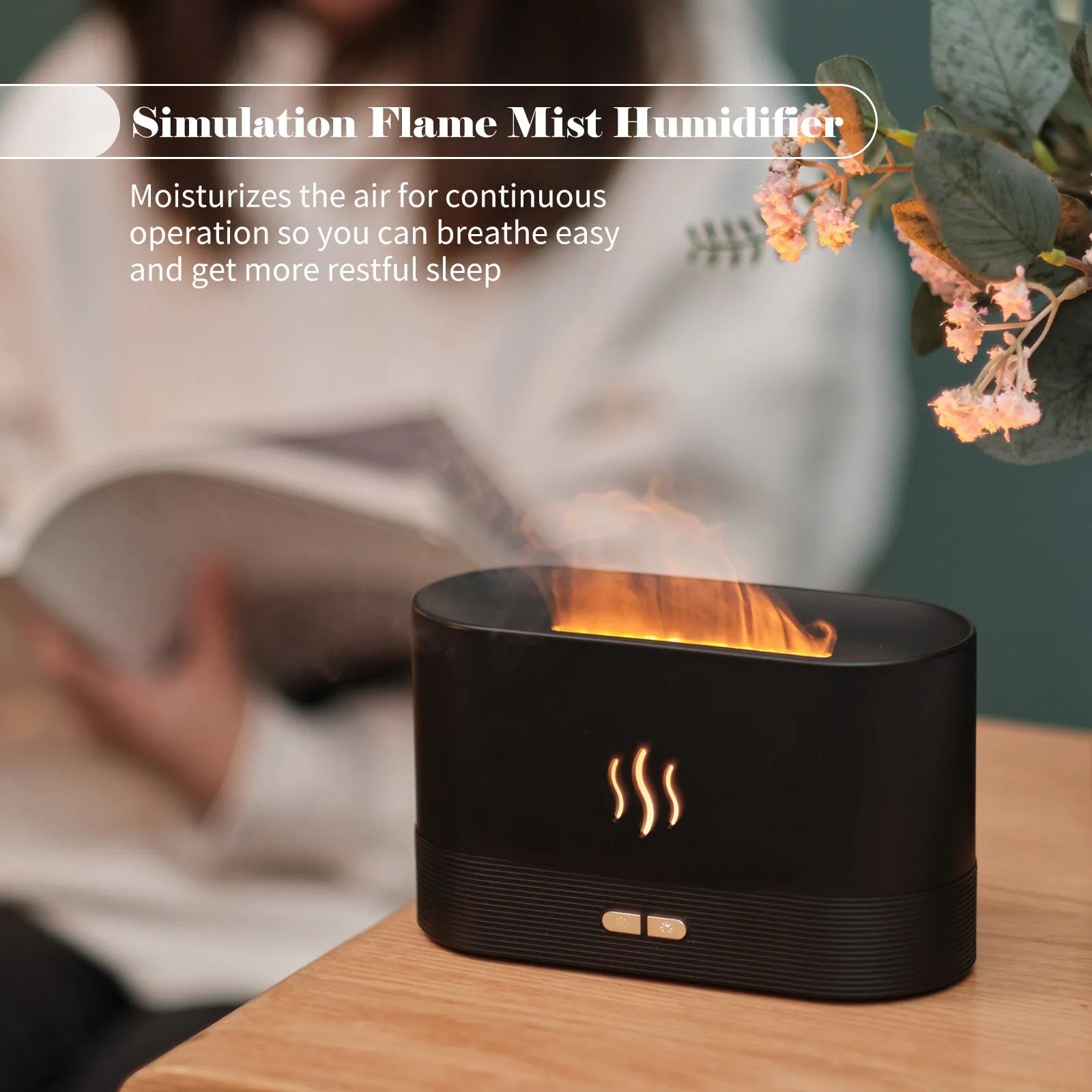 Square black or white aroma diffuser with flame LED light effect and water tank