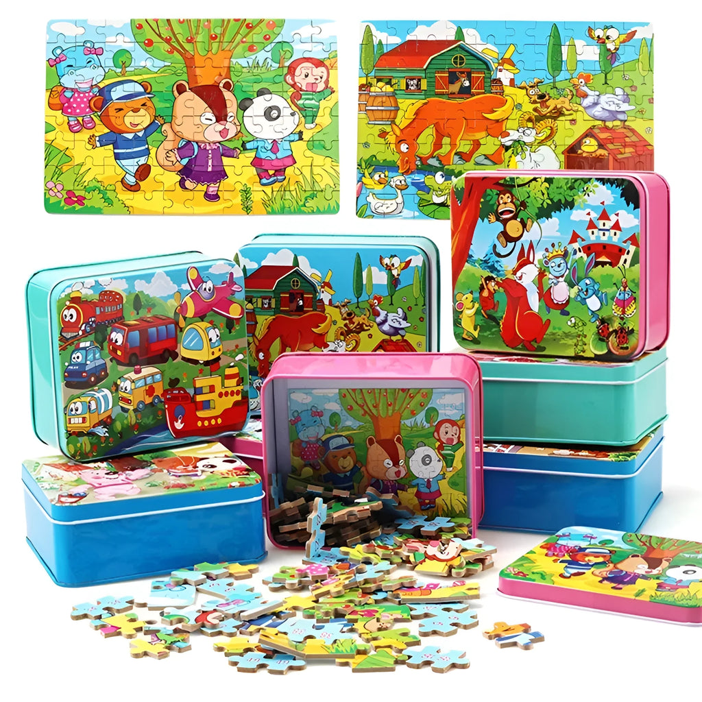 Wooden jigsaw puzzle with 80 pieces for children, featuring animal and school themes in an iron box.