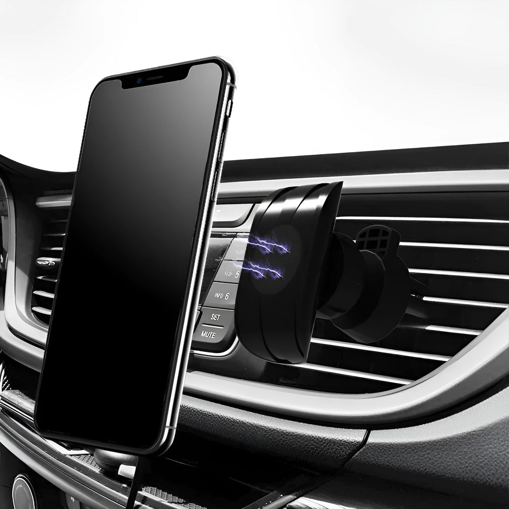 Matte black car phone holder mounted on air outlet with adjustable clamp and 360-degree rotation