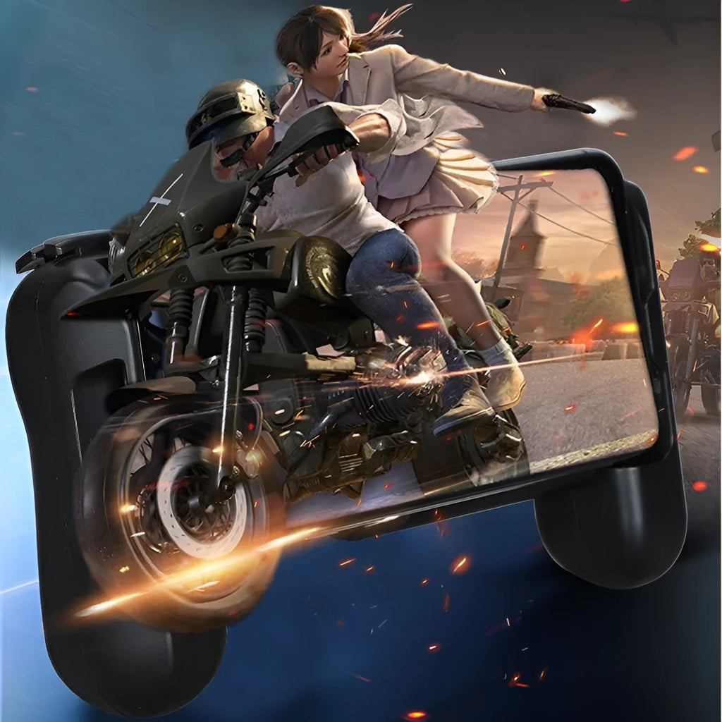 Black Bluetooth gaming controller for Apple iPhone on a table.