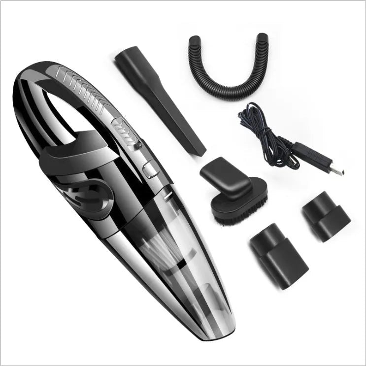 Black cordless handheld car vacuum with crevice nozzle and dust brush on grey background