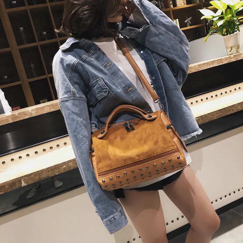 Soft PU leather women's casual tote shoulder bag in black, brown, or grey with zip closure.