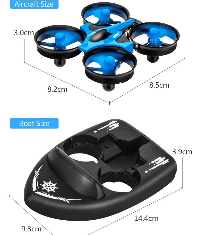 JJRC H36F Terzetto 3-in-1 RC toy shown transforming between drone, car, and boat modes with 2.4GHz remote.