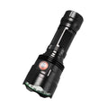 Black aluminium XHP90 LED tactical flashlight with push switch and charging port.
