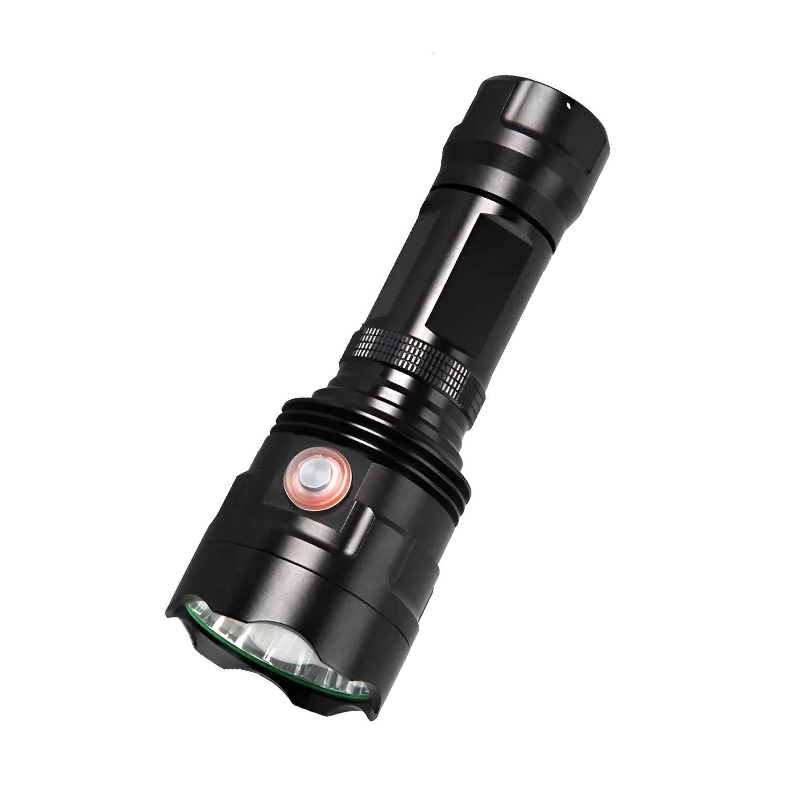 Black aluminium XHP90 LED tactical flashlight with push switch and charging port.