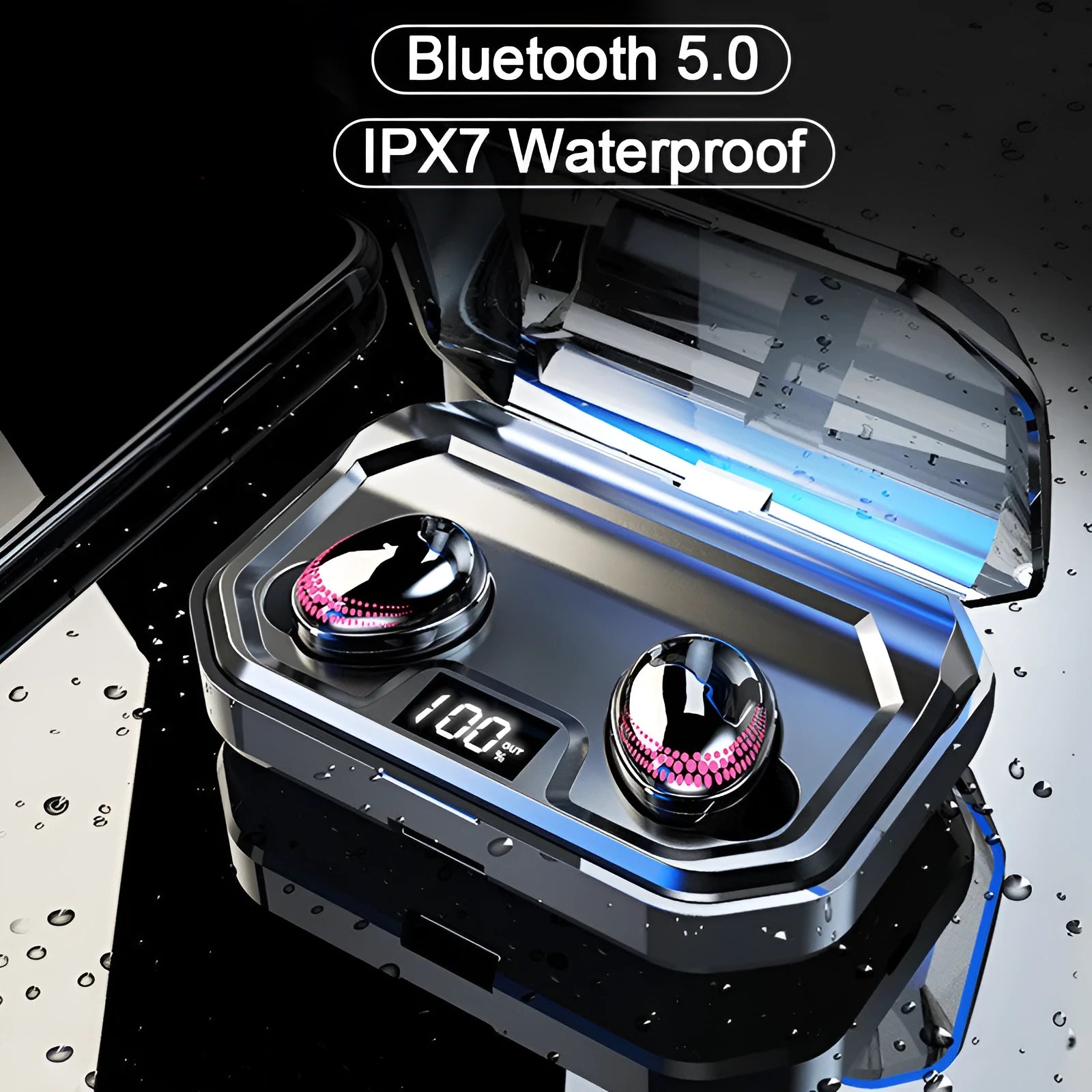 Black X10 Bluetooth wireless headset with its charging case on a dark surface.