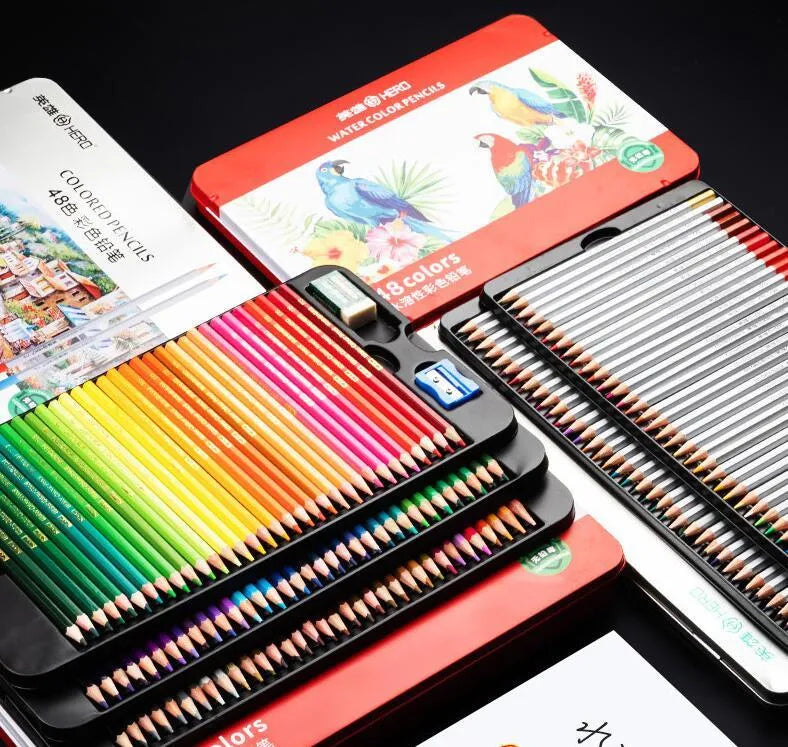 Water-soluble colour pencil drawing set in tin box with 72 colours for wet and dry use