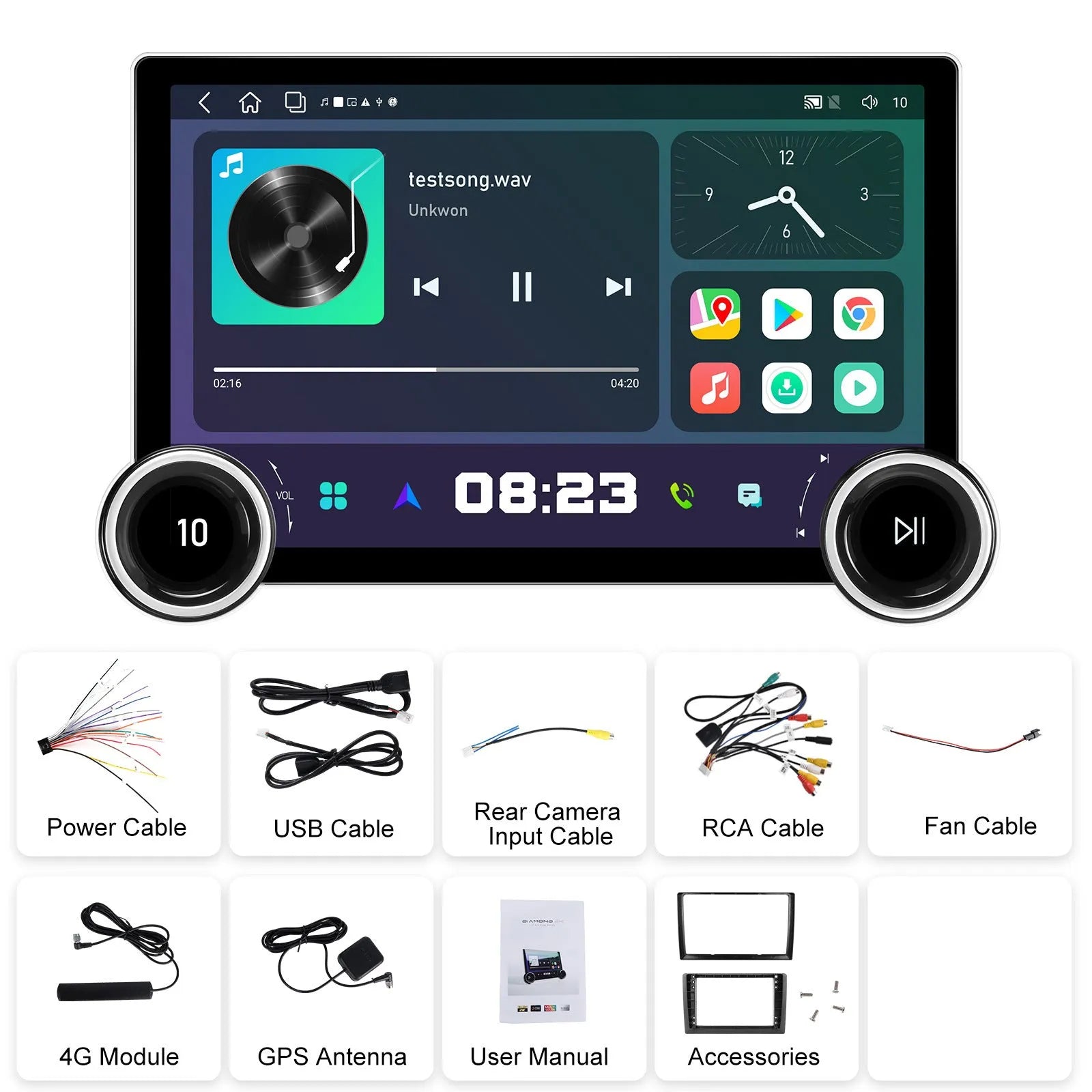 11.8-inch Android car multimedia player with dual knobs and QLED screen showing navigation interface