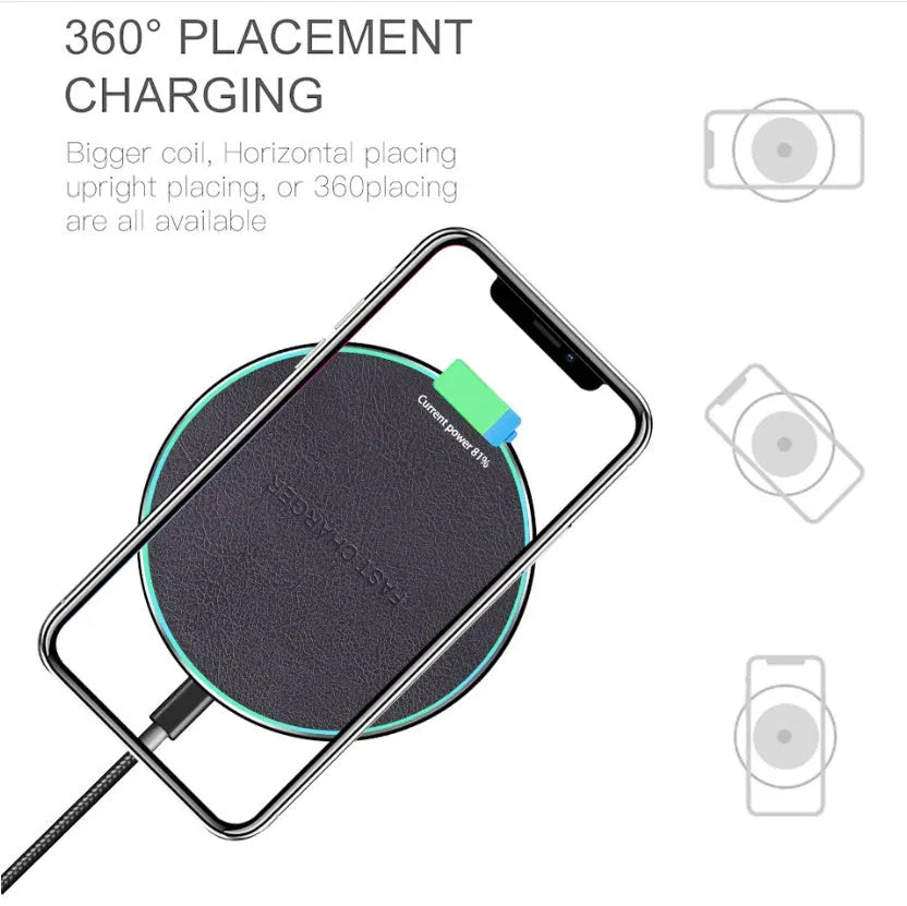 Black Qi wireless charging pad for iPhone 11 showing aluminium casing and silicone charging surface
