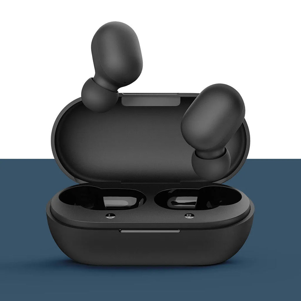 Black true wireless Bluetooth earbuds with stereo sound and multi-point connectivity