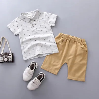 Anchor printed toddler pants suit in cotton, includes short sleeve top and trousers.