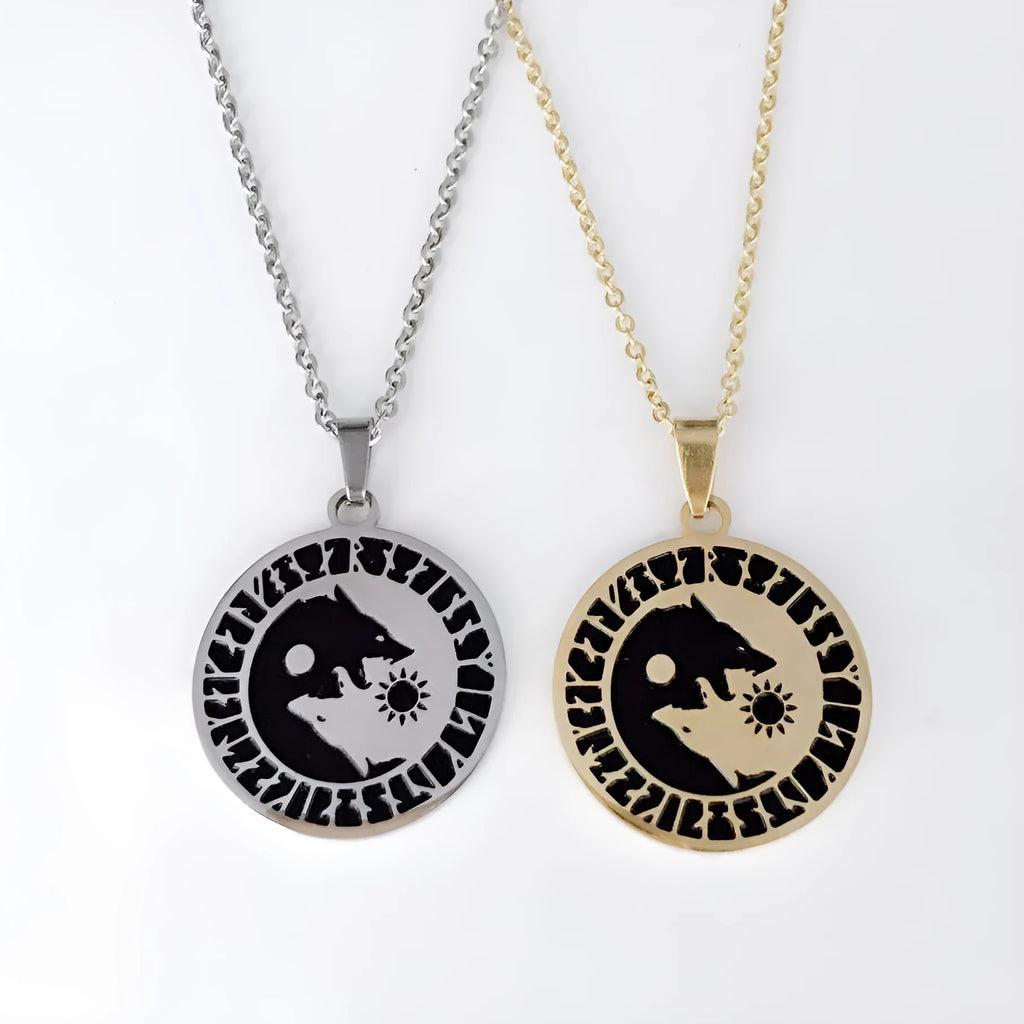 Wolf head sun moon pendant necklace in titanium steel with 30mm tag and 60cm chain, shown in black finish
