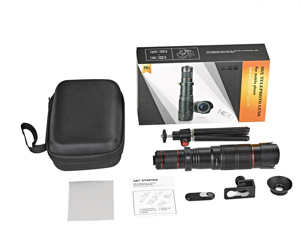 Black folding 36x telephoto monocular telescope for mobile phones with a rectangular protective carry case.