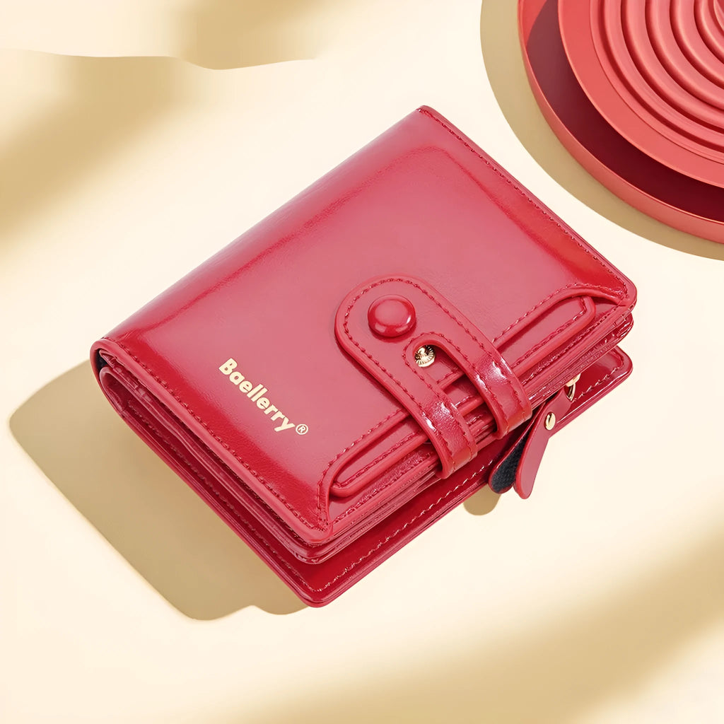 PU leather women's card holder wallet open showing polyester lining, displayed in multiple colour options.