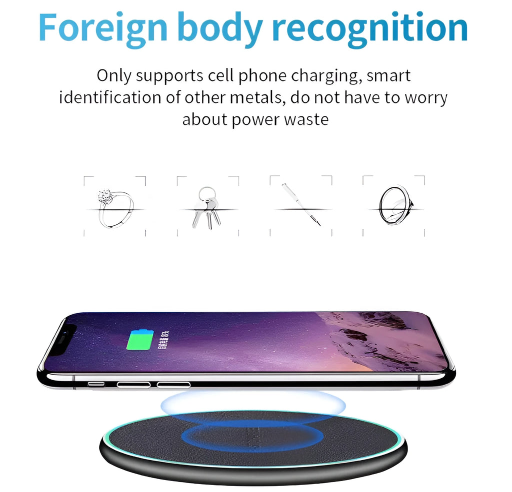 Black Qi wireless charging pad for iPhone 11 showing aluminium casing and silicone charging surface