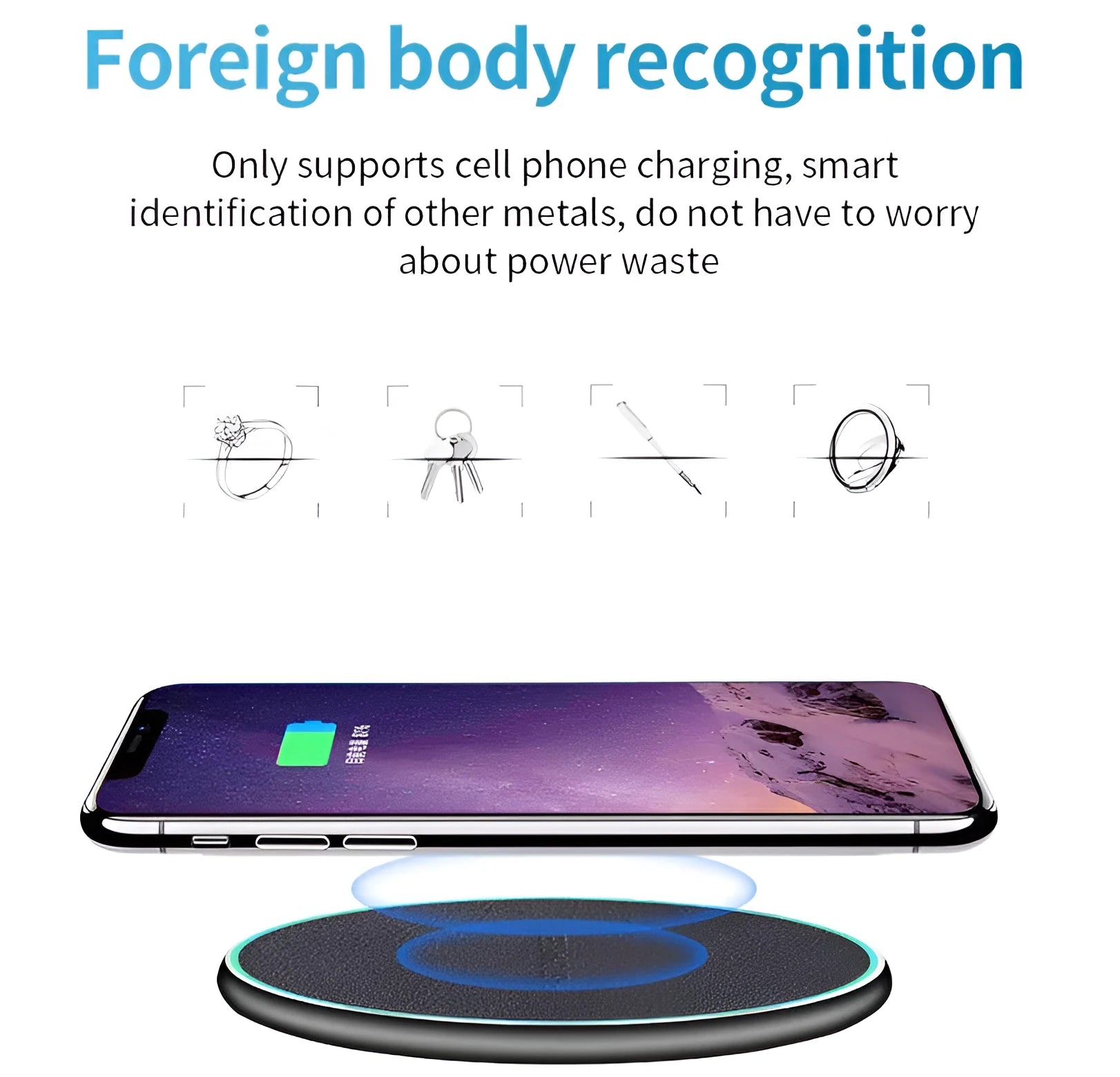 Black Qi wireless charging pad for iPhone 11 showing aluminium casing and silicone charging surface