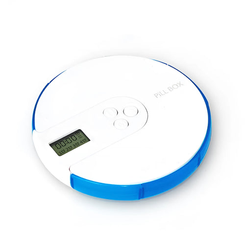 Blue 7-compartment weekly pill organiser with built-in digital alarm clock display, showing 11cm size.