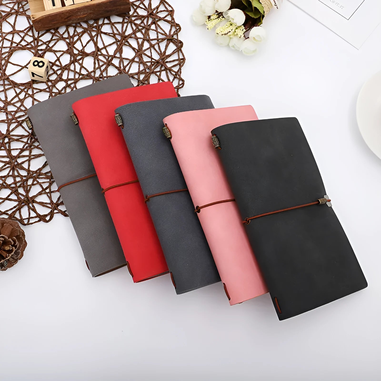 A6 diary notebook with imitation leather cowhide rope textured cover showing grey colour option