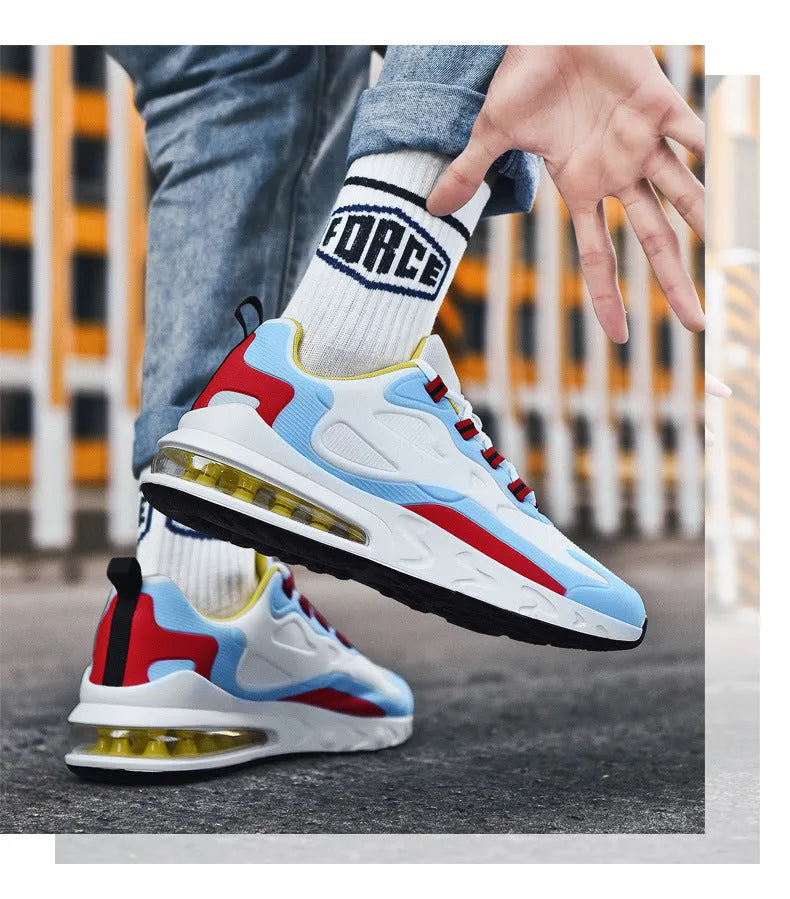 Breathable low-top men's sports shoes with flying line upper and air cushion sole, available in multiple colours