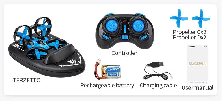 JJRC H36F Terzetto 3-in-1 RC toy shown transforming between drone, car, and boat modes with 2.4GHz remote.