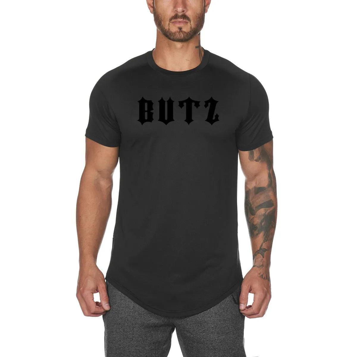 Custom mens fitness sports shirt in cotton-spandex blend, showing colour options: Army Green, Black, and White, some with a letter print.