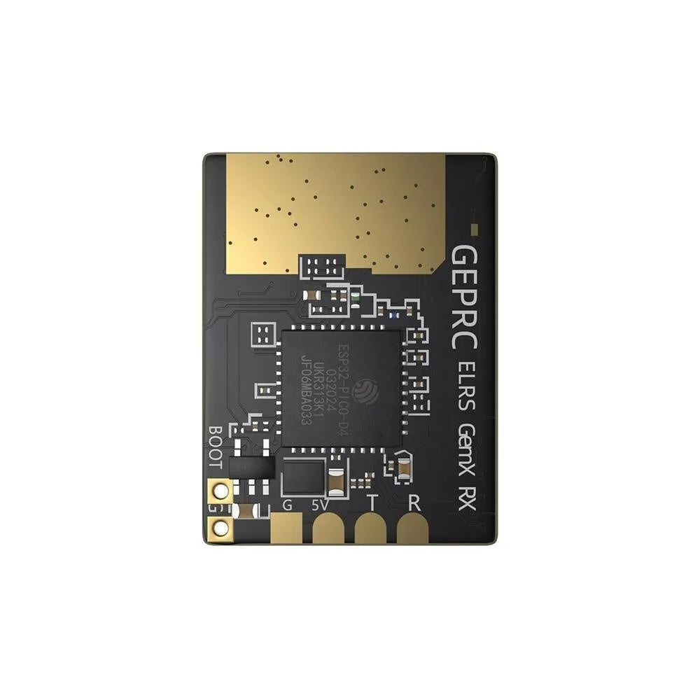 Gemini ELRS dual-frequency FPV receiver with metal case and two T-shaped antennas.