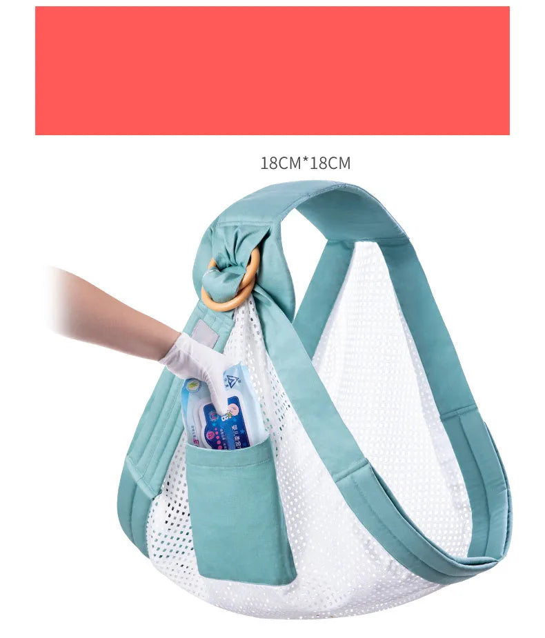 Adjustable baby wrap carrier sling shown in blue-green colour, suitable for newborns up to 36 months