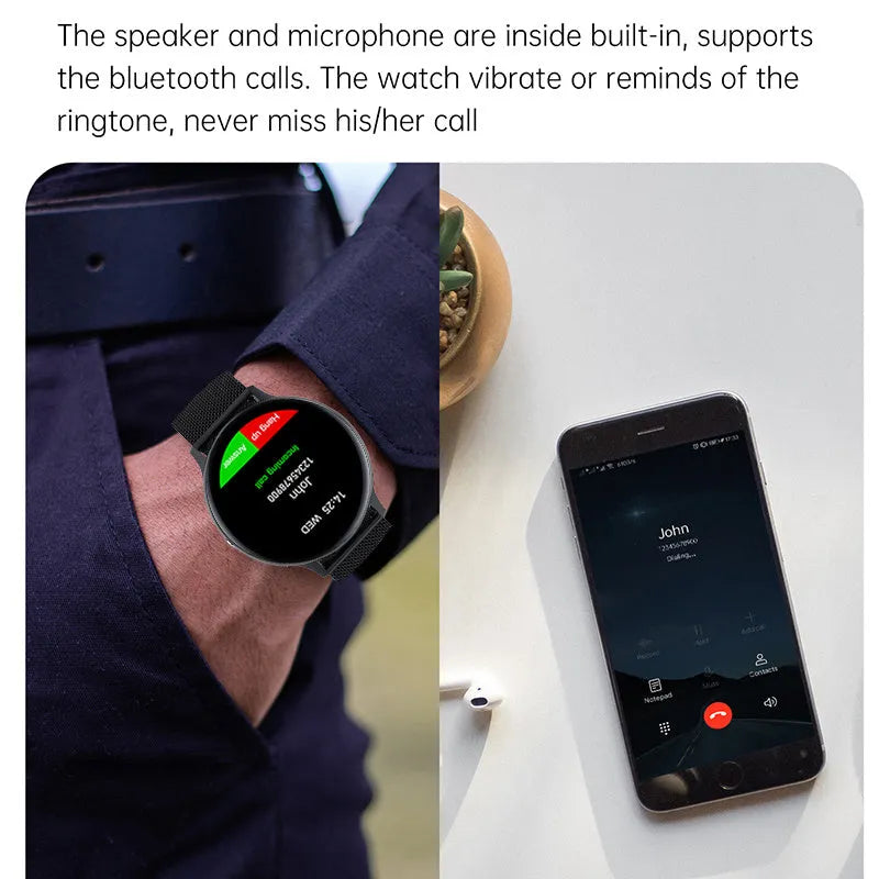 Black smart bracelet with touch screen showing heart rate and call functions on wrist