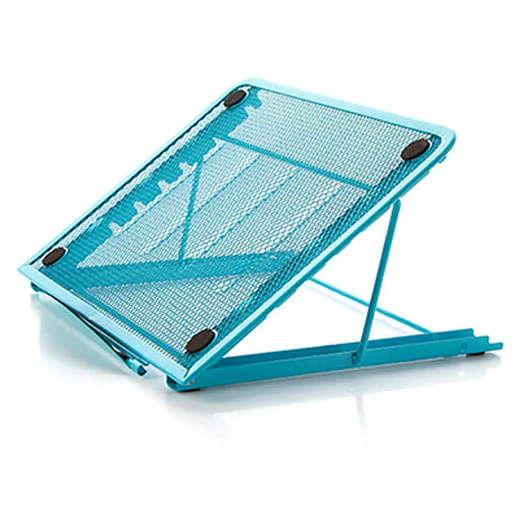 Foldable laptop stand in black iron with semi-circular baffle and non-slip pads on a desk