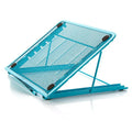 Foldable laptop stand in black iron with semi-circular baffle and non-slip pads on a desk