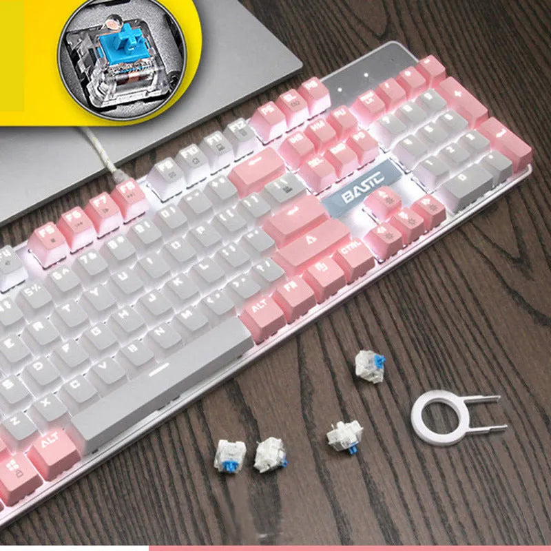 Pink 104-key mechanical keyboard with USB cable, showing full key layout.