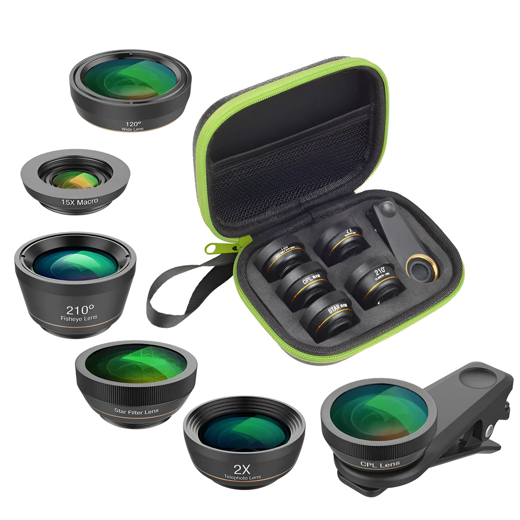 Black 6-in-1 smartphone camera lens kit with fisheye, wide-angle, macro, telephoto, CPL and star filter lenses and universal clip