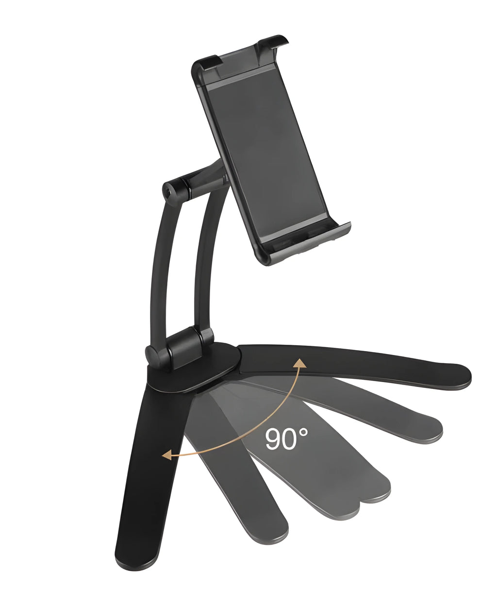 Silver aluminium desktop stand holding a tablet, showing 360-degree rotation and adjustable clamp mechanism.