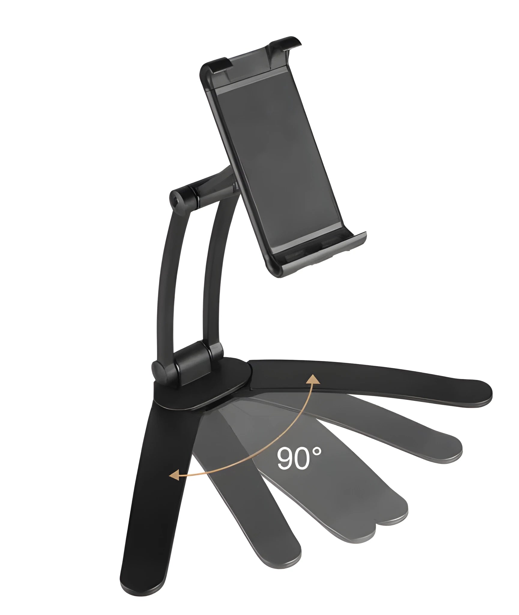 Silver aluminium desktop stand holding a tablet, showing 360-degree rotation and adjustable clamp mechanism.