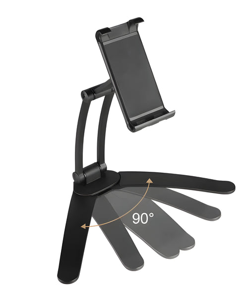 Silver aluminium desktop stand holding a tablet, showing 360-degree rotation and adjustable clamp mechanism.