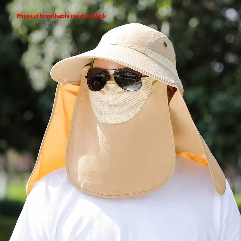 Men's khaki sun hat with USB rechargeable fan and attached face covering shawl for outdoor protection