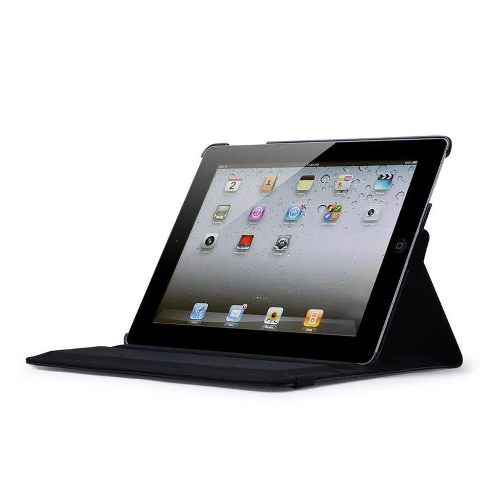 iPad rotary leather case in clam shell design shown in multiple colour options including pink, blue, and black.