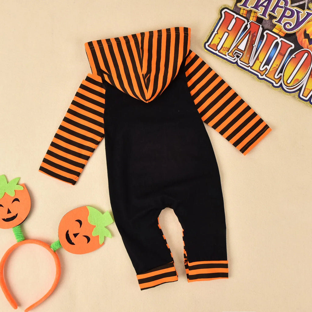 Black hooded Halloween cotton romper with long sleeves shown on a hanger.