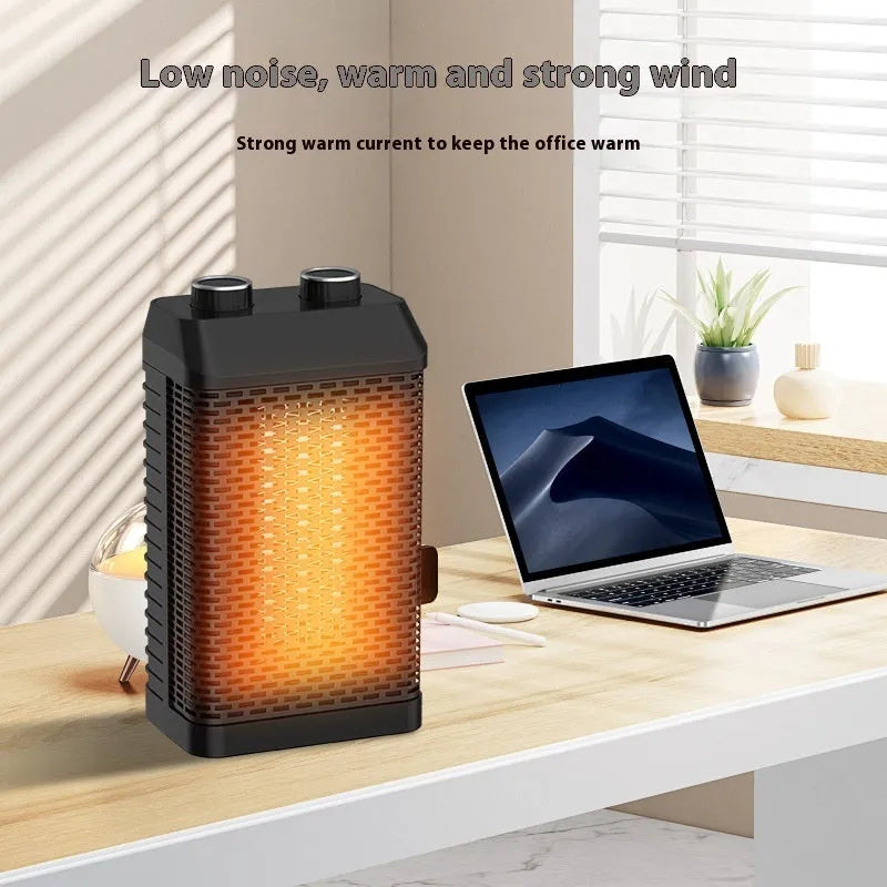 Black remote control desktop warm air heater with compact design and oscillating grille.