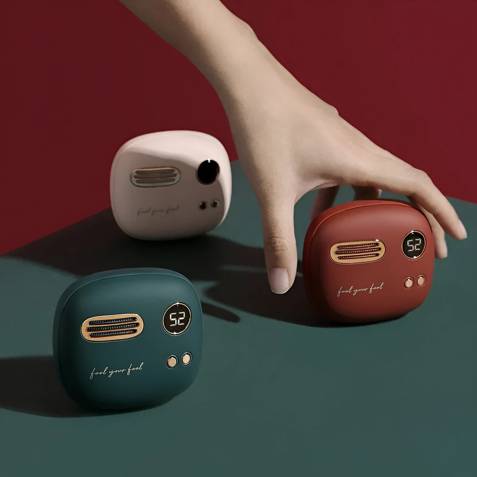 Retro design 2-in-1 hand warmer and 5000mAh power bank with digital temperature display in flannel bag