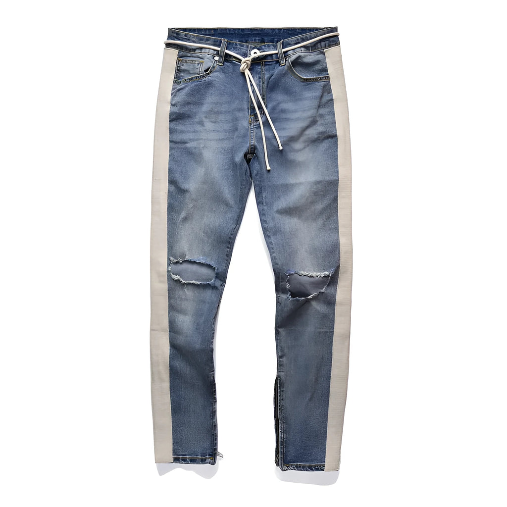 Men's ripped jeans black blue cotton slim fit distressed denim streetwear trousers