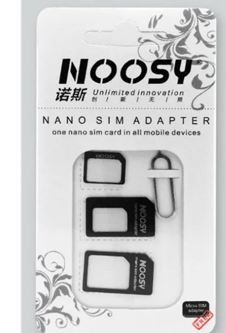Three-piece SIM card kit with removal tool and adapter frames in black and white colour options