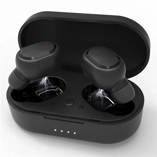 M1 Bluetooth wireless headset earbuds in black and white colour options showing stereo design