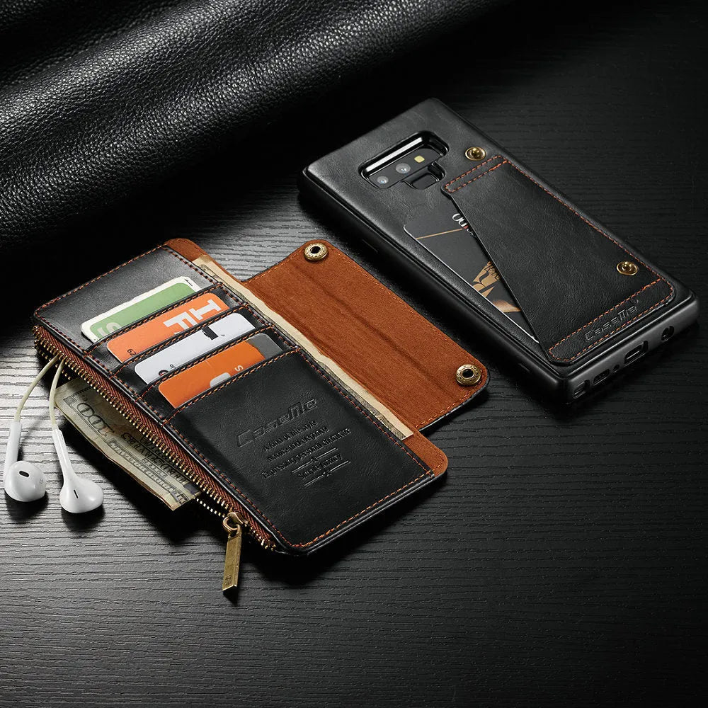 Samsung Note9 leather flip phone case in black, brown, and red colour options showing flip cover design
