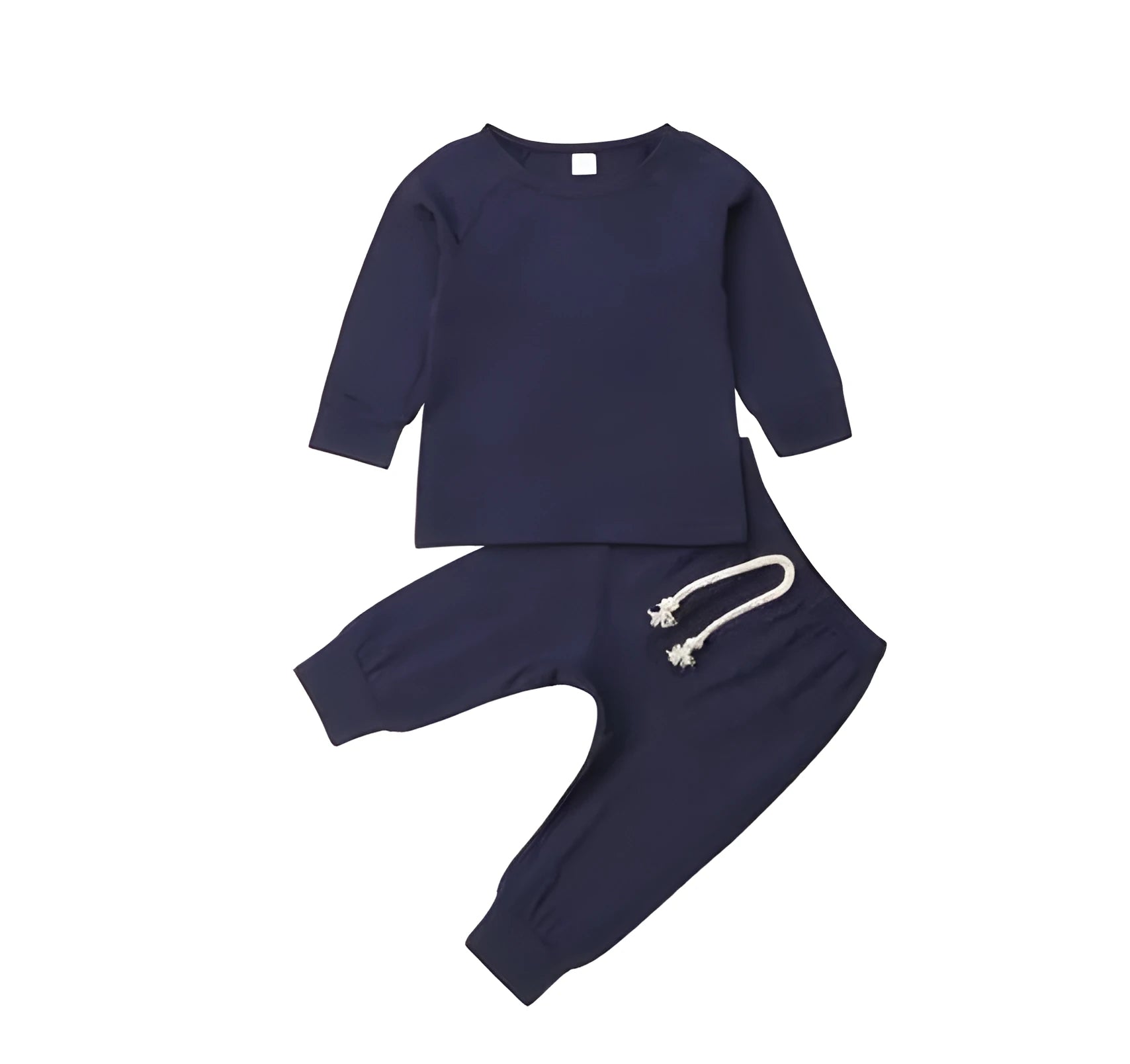 Blue cotton baby romper tracksuit set with cartoon pattern, shown on size chart for 6M to 24M.