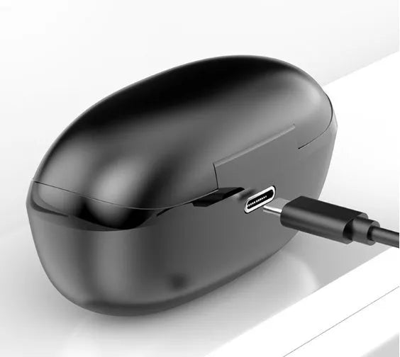 Black and white wireless Bluetooth in-ear headset with type-C charging port