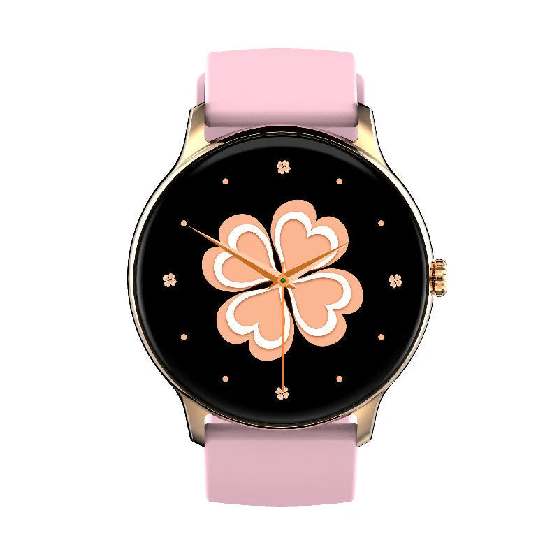 Black Bluetooth smartwatch with a circular 1.28-inch screen on a silicone strap for health monitoring.
